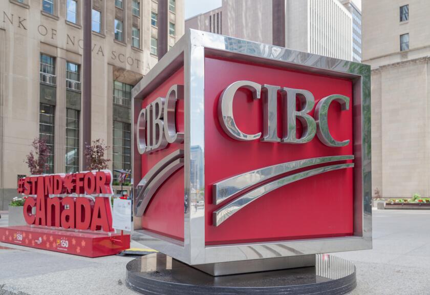 Sign of CIBC (Canadian Imperial Bank of Commerce) in Toronto?s financial district Toronto, Ontario.