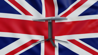 An Amazon Kuiper terminal superimposed in front of the UK's union flag