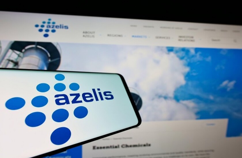 Mobile phone with logo of Belgian chemical company Azelis Holding S.A. on screen in front of business website. Focus on center of phone display.