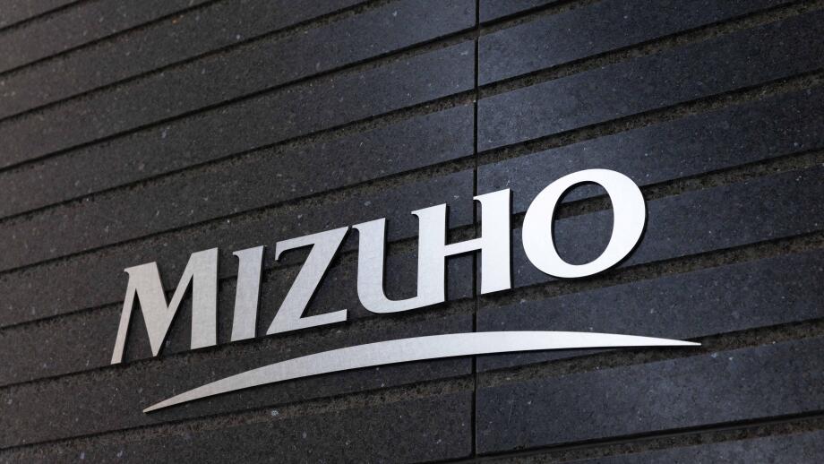 Logo of Mizuho Bank on their headquarter building in Otemachi, Tokyo on November 25, 2022.