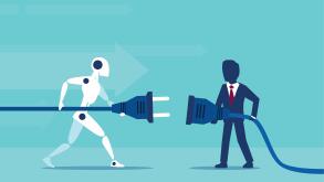 Business optimization using automation concept. Vector of a businessman cooperation with a robot