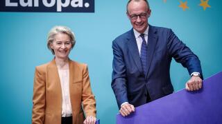 Berlin, Germany. 19th Feb, 2024. Friedrich Merz, CDU Federal Chairman and Union parliamentary group leader, and Ursula von der Leyen, President of the European Commission, hold a press conference after the CDU Federal Executive Committee meeting. Von der