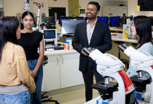 AirTrunk founder Robin Khuda with students after gifting $100 million to the University of Sydney to support women in STEM