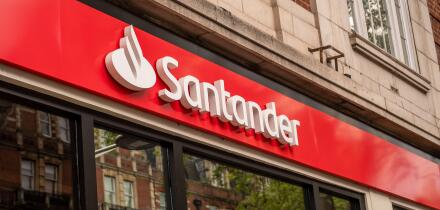 LONDON- APRIL 22, 2025: Santander Bank logo on branch. High Street retail and commercial bank