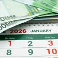 Euro money on paper calendar showing January 2026, concept of financial planning, savings and new year budget