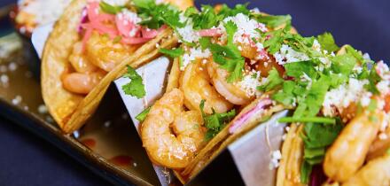 Gourmet Shrimp Taco with Fresh Garnishes, Overhead View