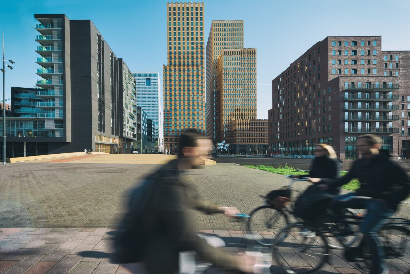 Office buildings in Amsterdam Zuid, Amsterdam, Netherlands. Peop