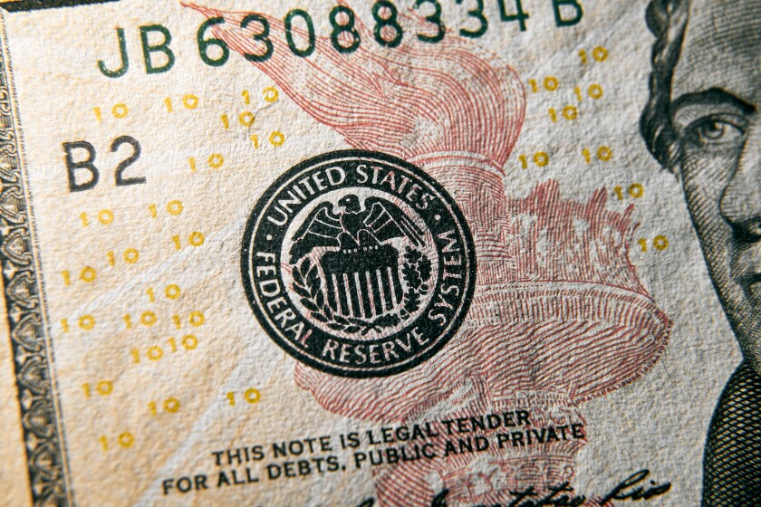 Close up macro shot of federal reserve stamp on the US dollar bi