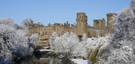 Snowy Warwick Castle on the Avon, Warwick England