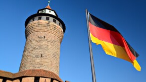 German flag flies at Nuremberg Castle in Nuremberg, Germany.