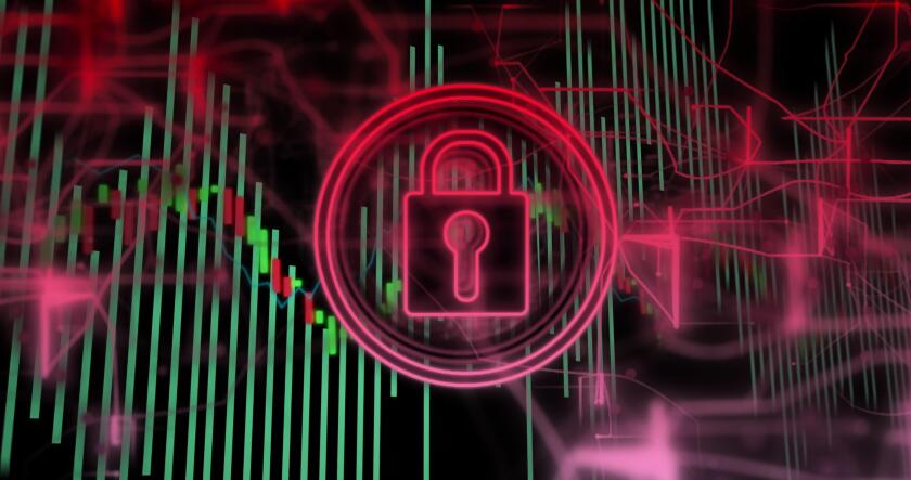 Neon pink padlock securing green-red chart-bars in digital scene, with grid lines and glowing nodes. Cybersecurity, data protection, digital security,