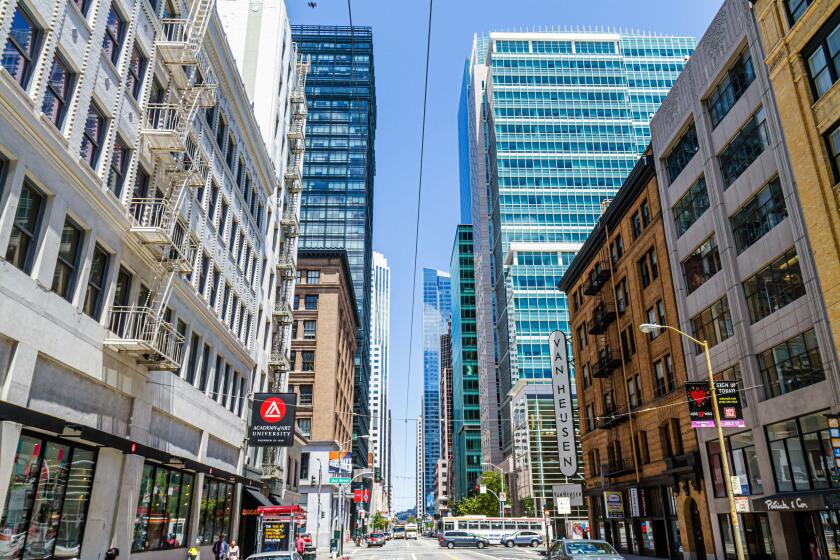 San Francisco California,Mission Street,downtown,street scene,commercial real estate,high rise skyscraper skyscrapers building buildings length,perspe