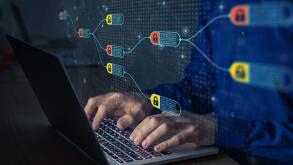 Blockchain financial technology to secure cryptocurrencies as bitcoin for online payments and money transaction. Fintech concept with encrypted ledger