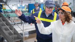 The Minister of Finance and Public Function, Maria Jesus Montero (right), with the plant manager, Teofilo Gangoso (left), during his visit to the glass factory. A 13 April 2023, in Seville (Andalusia, Spain). The Minister of Finance has addressed after hi