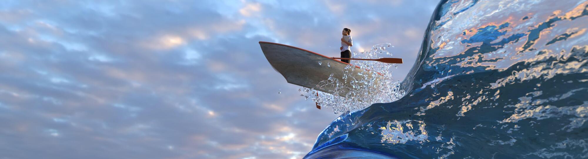 brave businesswoman flies through the waves on a boat