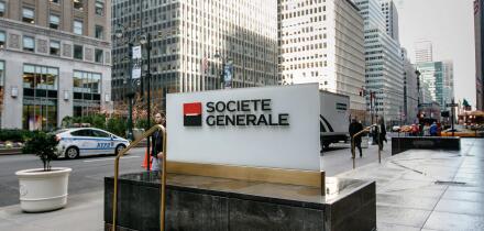 Societe Generale corporate signage by their office in midtown Manhattan.