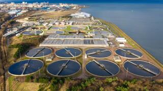 Aerial view of Scottish Water Seafield Wastewater Treatment Works, Edinburgh , Scotland ,UK