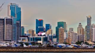 view of panama city from the sea, several buildings and skyscrapers