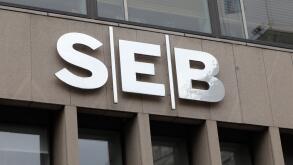 Stockholm, Sweden - September, 25 2016: Close up of the financial group SEB sign at the office located at the street Sveavagen in downtown Stockholm.