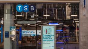 Frontage of the branch of the Trustee Savings Bank ( 'TSB') in New Street, Birmingham, England, UK. Part of the Spanish Sabadell group.