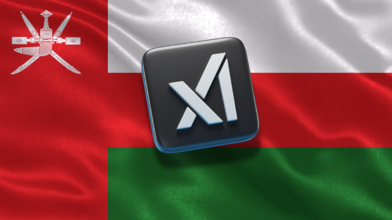 Logo of Elon Musk's xAI in front of the flag of Oman