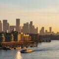 England, London, Docklands and Canary Wharf Skyline with River Thames