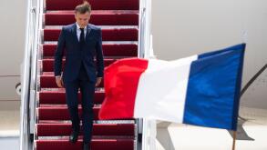 French President Emmanuel Macron arrives Wednesday, July 10, 2024, at Andrews Air Force Base, Md., to attend the NATO summit in Washington. (AP Photo/Manuel Balce Ceneta)