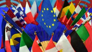 The flags of the EU member states are displayed with the EU flag on a table at the European Information Center in Erfurt, Germany, 08 February 2017. Photo: Jens Kalaene/dpa-Zentralbild/ZB