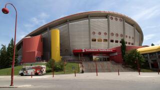 The Scotia Saddledome at the Calgary Stampede grounds in Calgary, Canada. The multipurpose venue is the home of the Calgary Flames.