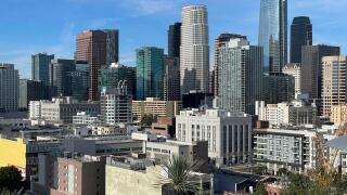 The downtown Los Angeles skyline on a clear day. Los Angeles, California, USA