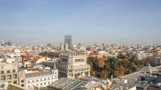 Aerial view, cityscape of Madrid, with Colon towers in centre, Instituto Cervantes in front, Spain, the City of Madrid, Spain.