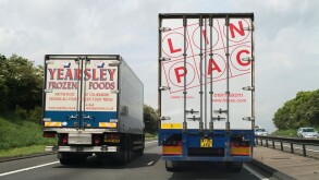 Lorry overtaking another lorry on the busy A1 road in the uk
