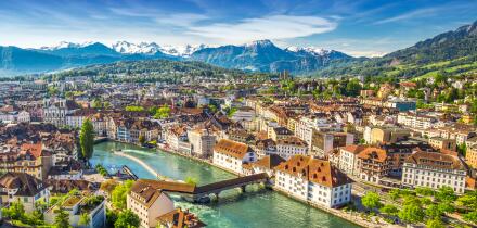 View to Swiss Alps and historic city center of Lucerne Switzerland.