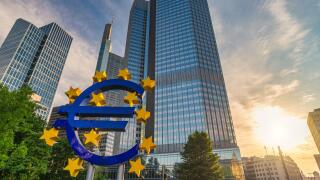 Frankfurt, Germany - July 9, 2017: sunrise city skyline at European Central Bank (ECB) and Euro Sign