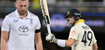 5th December 2025, The Gabba, Brisbane, Queensland, Australia; Ashes International Test Cricket, Day Two, Australia versus England; Steve Smith of Australia celebrates scoring a half century