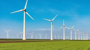 Wind turbine from aerial view, Drone view at windpark westermeerdijk a windmill farm in the lake IJsselmeer the biggest in the N