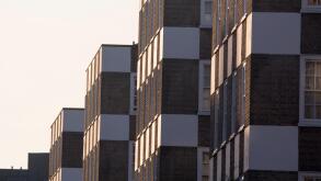 Distinctive tower blocks of flats apartments with checkerboard facade front frontage Grosvenor Estate Page Street Pimlico London