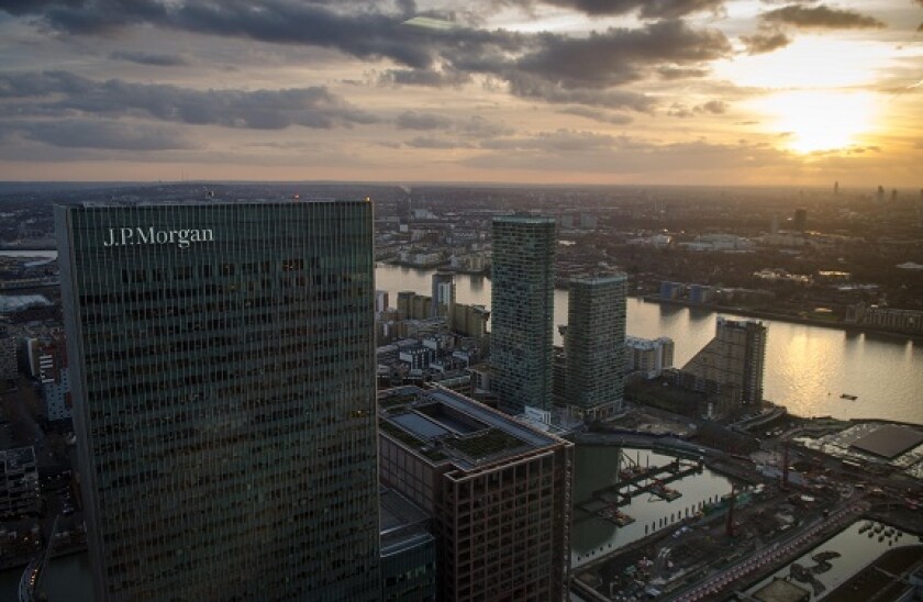 London, England - 27 February 2015: The headquarters of JPMorgan Europe, a branch of JP Morgan Chase Co., at 25 Bank Street, part of the Canary Wharf