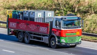 ENERGAS (Air Liquide) compressed nitrogen welding products transported by DAF vehicle; travelling on the M6 motorway, UK