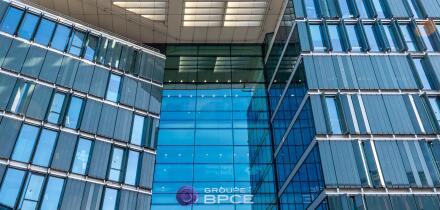 Facade of a building belonging to the French banking group BPCE, resulting from the merger of Banque Populaire and Caisse d'Epargne, Paris, France
