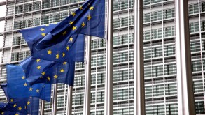 EU flags flying in front of Berlaymont building in Brussels. Image shot 2008. Exact date unknown.