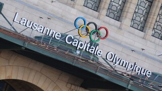 Olympic game rings and Museum in Lausanne, Switzerland