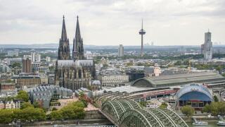 View from the Cologne Triangle observation tower of Cologne Cathedral, the Philharmonic Hall, and the Rhine with the Hohenzollern Bridge, Germany, Nor