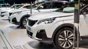 BRUSSELS - JAN 9, 2020: Row of new Peugeot car models presented at the Brussels Autosalon 2020 Motor Show.