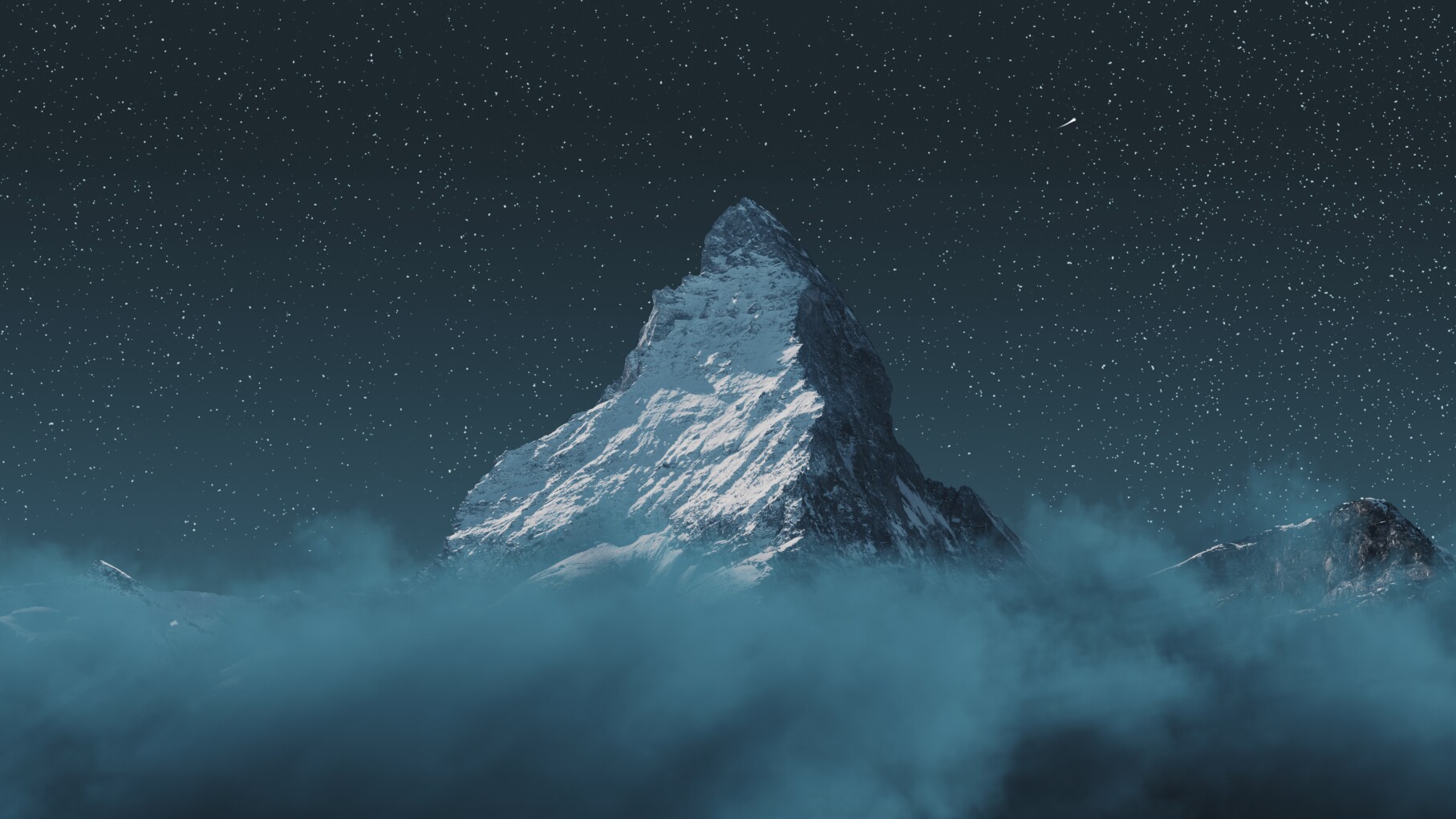 over clouds to the majestic Matterhorn mountain at night with sh