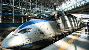 Gwangmyeong-si, South Korea - November 2, 2016: High-speed bullet trains (KTX) and Korail trains stop at the Seoul station in South Korea.
