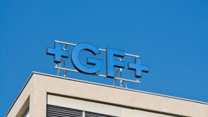 Locarno, Ticino, Switzerland - 16th January 2021 : Georg Fischer (abbreviated GF or +GF+) sign hanging on building office in Switzerland