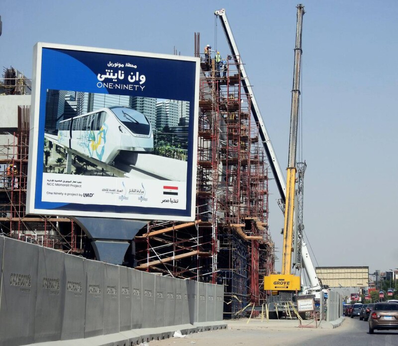 Cairo, Egypt, May 10 2023: Cairo monorail site that is under construction by Orascom company with the columns and the tracks in New Cairo city, rapid