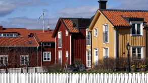 Traditional red and yellow Swedish houses in Mariefred, Sweden.