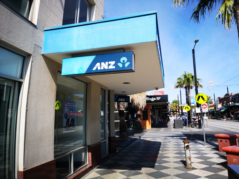 Melbourne, Australia: March 14, 2019: Street view of a Bank of Australia and New Zealand (ANZ) branch in St Kilda.